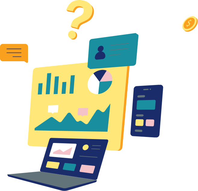 Digital marketing growth illustration – SEO, social media and ads dashboard
